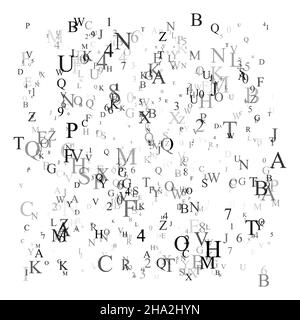 Abstraktes schwarzes Alphabet Ornament Grenze isoliert auf weißem Hintergrund. Vektor-Illustration für Bildung, Schreiben, poetisches Design. Zufällige Buchstaben fallen f Stock Vektor
