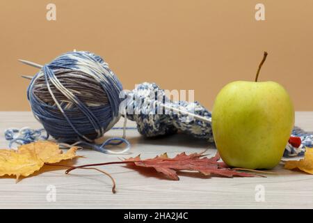 Wollgarn zum Stricken. Ball aus Naturwollgarn und Stricknadeln Stockfoto