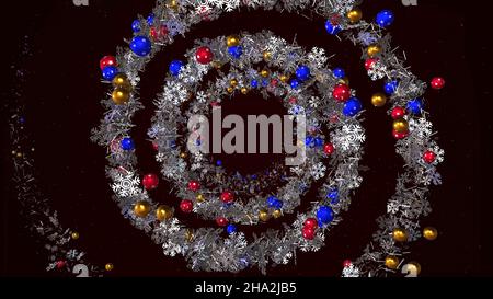 Animation von Weihnachtsspiralbaum. Animation. Spiralender Weihnachtsbaum mit Spielzeug. Stockfoto