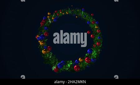 Animation von Weihnachtsspiralbaum. Animation. Spiralender Weihnachtsbaum mit Spielzeug. Stockfoto