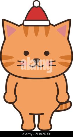 Eine gestromte Katze, die einen Weihnachtsmütze trägt. Vektordarstellung isoliert auf weißem Hintergrund. Stock Vektor