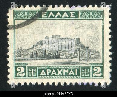 GRIECHENLAND - UM 1927: Briefmarke gedruckt von Griechenland, zeigt die Akropolis, um 1927 Stockfoto