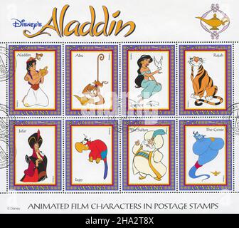 GUYANA - UM 1993: Briefmarke gedruckt von Guyana, zeigt Aladdin, Disney-Animationsfilm, um 1993 Stockfoto