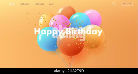 Happy Birthday festlichen Hintergrund mit einem bunten bunten rund geformten Ballons und goldenen Konfetti, Web-Banner Stock Vektor