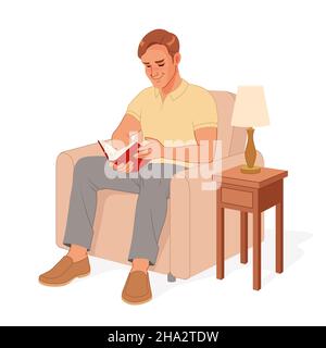Junger Mann liest ein Buch, während er sich im Sessel ausruht. Vektorgrafik. Stock Vektor