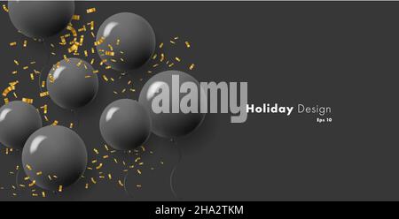 Schwarzer Hintergrund mit runden schwarzen Luftballons fliegen mit goldenen Konfetti, modernen Stil Luxus Premium-Kulisse Stock Vektor