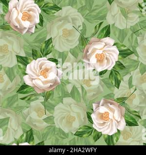 Grünes florales Nahtloses Muster mit weißen Rosen und Blättern. Stockfoto