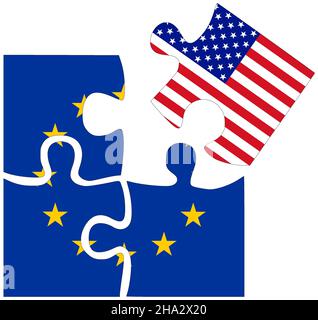 EU - USA : Puzzle-Formen mit Flaggen, Symbol der Vereinbarung oder Freundschaft Stockfoto