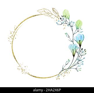 Aquarell-runder Rahmen mit goldenem Glitzer und blauen Blüten. Abstrakter Kranz mit Blumen und Folie mit Platz für Text. Botanischer floraler Hintergrund Stockfoto