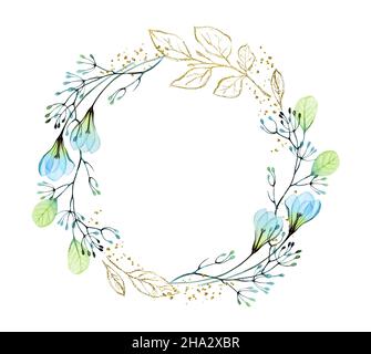 Aquarell-Kranz mit goldenem Glitzer und blauen Blüten. Abstraktes Banner mit Blumen und Folie mit Platz für Text. Botanische Blumen Hintergrund für Stockfoto