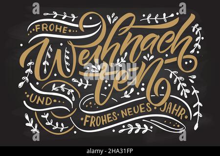 Hand skizziert Frohe Weihnachten in deutscher Karte, Abzeichen, Ikone Typografie. Schriftzug Frohe Weihnachten auf Deutsch zu Weihnachten, Neujahrskarte Stock Vektor