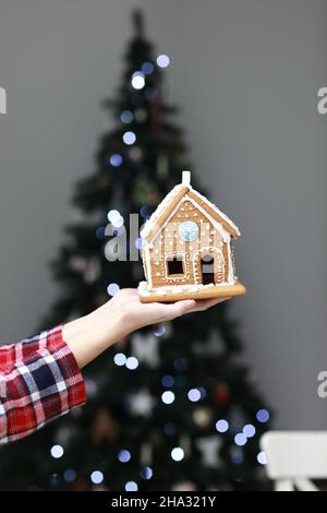 Vertikales Foto. Lebkuchenhaus zu Weihnachten auf Frauenhand auf Weihnachtsbaum hellen Hintergrund. Neujahrsstimmung zu Hause. Geschenke vorbereiten für Stockfoto