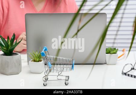 Leere Mini-Einkaufswagen auf weißem Schreibtisch. Saisonverkauf, Online-Shopping Stockfoto