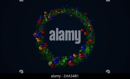 Animation von Weihnachtsspiralbaum. Animation. Spiralender Weihnachtsbaum mit Spielzeug. Stockfoto