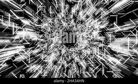 Monochromer abstrakter futuristischer Tunnel, bestehend aus fluoreszierenden weißen Leuchtlinien. Technologie 4K Videokonzept. Stockfoto