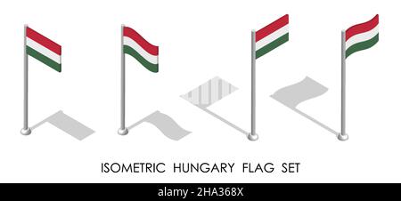 Isometrische Flagge UNGARNS in statischer Position und in Bewegung auf Fahnenmast. 3D Vektor Stock Vektor