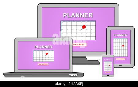 Event-Adding-on-Planner-Konzept auf verschiedenen IT-Geräten angezeigt Stockfoto