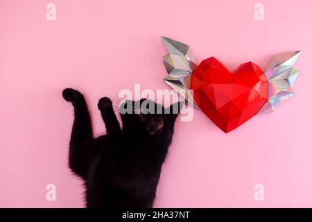 Schwarze Katze. Ein rotes polygonales Herz mit Flügeln. Layout. Stockfoto