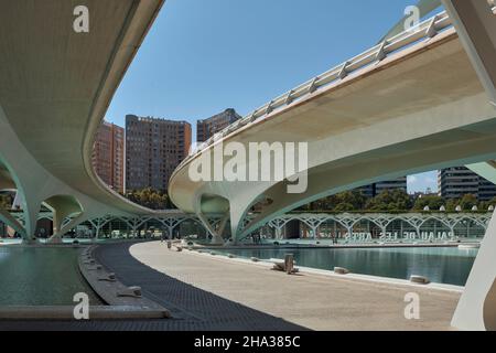 Stadt der Künste und Wissenschaften, Architekt Ingenieur Santiago Calatrava, Architektur modern. Zweispurige Fahrbahn. Valencianische Gemeinschaft, Spanien, Europa Stockfoto