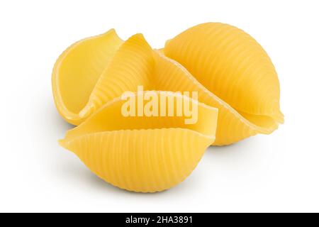 Ungekochte getrocknete Conchiglie. Rohe Bio-Muschelpasta isoliert auf weißem Bachboden mit Abschneideweg und voller Schärfentiefe Stockfoto