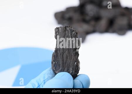 Kohleklumpen in der Hand des Wissenschaftlers. Laborkohlenanalyse, fossile Brennstoffe Forschung. Stockfoto