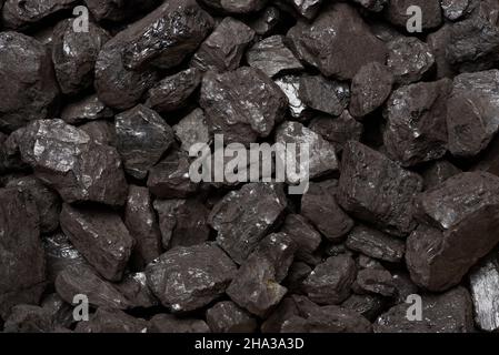 Natürliche Kohle Textur Draufsicht. Nahaufnahme mit Steinkohle im Hintergrund. Stockfoto