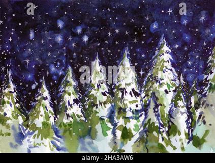 Abbildung der Weihnachtskarte. Winterwald. Stockfoto