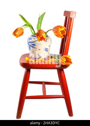 Drei orangefarbene Tulpen in einer Vase auf einem roten Stuhl mit weißem Hintergrund Stockfoto