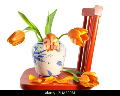 Drei orangefarbene Tulpen in einer Vase auf einem roten Stuhl mit weißem Hintergrund Stockfoto