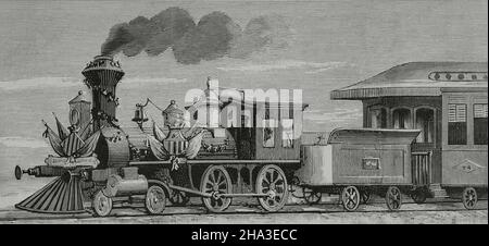 Spanien, Katalonien. Valls-Vilanova-Barcelona Railway (VVB). Einweihung der Eisenbahn von Barcelona nach Vilanova i la Geltrú am 29. Dezember 1881. Die Lokomotive „Gumá“ führte den Konvoi an. Gravur. La Ilustración Española y Americana, 1882. Stockfoto