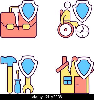 Unfälle Versicherungsfälle RGB-Farbsymbole eingestellt Stock Vektor