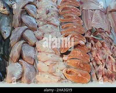 Frischer Fisch auf Eis, verschiedene Arten, bunt, ganz und Filets, in einem Fischhändler in São Paulo, Brasilien. Dezember 2021. Stockfoto