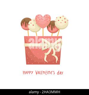 Vektor-Illustration einer Geschenkbox mit Cakepops. Ein Geschenk zum Valentinstag. Stock Vektor