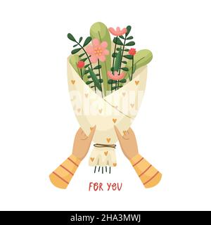 Vektor-Illustration eines Blumenstraußes in den Händen. Flacher Style Stock Vektor
