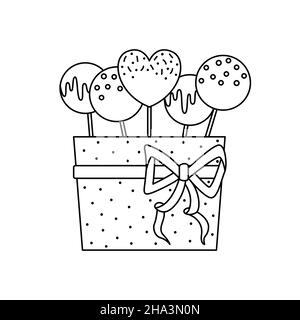 Vektor-Illustration einer Geschenkbox mit Cakepops. Ein Geschenk zum Valentinstag. Gliederung Stock Vektor