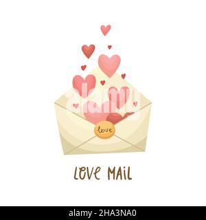 Vektor-Illustration eines Liebesbriefes. Ein Umschlag mit einer Valentinstagsdekoration. Flacher Style Stock Vektor