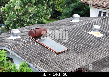 Verlassene Solar Water Heizung auf altem Dach. Stockfoto