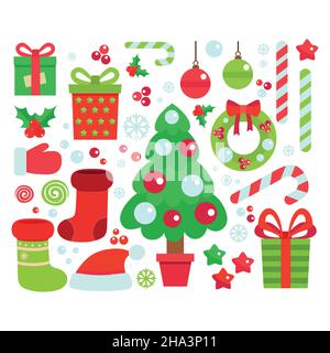 Vektor-Set von Zeichen und Symbole für Weihnachten in Cartoon-Stil. Geschenke und Süßigkeiten, Schneeflocken und andere traditionelle Elemente von Weihnachten. Stock Vektor