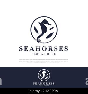 Seahorse Logo in einem Kreis von Linien.Sea Life Silhouette Illustration, Symbol, Symbol Design-Vorlage Stock Vektor