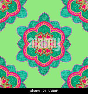 Farbenfrohes Mandala-Ornament. Nahtloses Muster. Islam, Arabisch, Indisch, Türkisch, Pakistanisch, Chinesische, osmanische Motive. Handgezeichneter floraler Hintergrund. Stockfoto