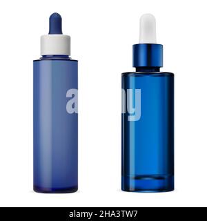 Blaue Glas-Serum-Tropfflasche, durchsichtiger Kosmetikbehälter. Pipettenbehälter aus Glas mit ätherischem Öl. Realistische Kollagen Essenz Augentropfer Fläschchen, Luxus t Stock Vektor