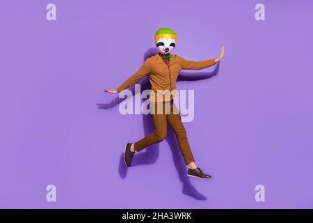 Ganzkörper-Porträt von verrückten anonymen roten Panda springen Flug isoliert auf violettem Hintergrund Stockfoto