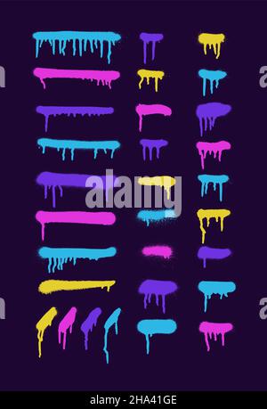 Graffiti Spray Punkte und Linien. Splatter Farbspray und wisch Effekt Form gesetzt Stock Vektor