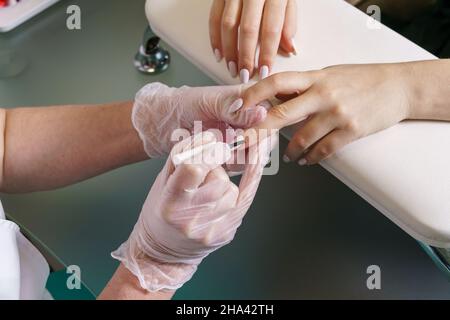 Hände von Maniküre Meister und Kunde Draufsicht. Meister des Nageldienstes. Nahaufnahme Nagelpflege durch Maniküre Spezialist im Schönheitssalon. Manikurist malt Nägel mit Nagellack konzeptionelle Foto Nagel Färbung. Stockfoto