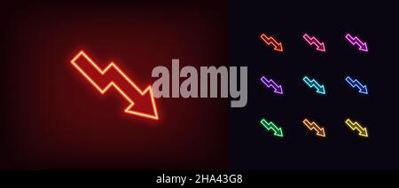Symbol für den Verkleinern des Leuchtsymbols. Leuchtendes Neon-Abwärtspfeil, Piktogramm nach unten in lebendiger Farbe. Finanzprognose, Aktienrückgang, Läsion Stock Vektor