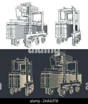 Stilisierte Vektordarstellung von Blaupausen eines Straddle-Trägers beim Transport eines Containers Stock Vektor