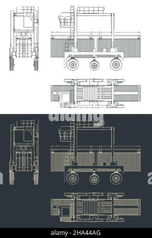 Stilisierte Vektordarstellung von Blaupausen eines Straddle-Trägers beim Transport eines Containers Stock Vektor