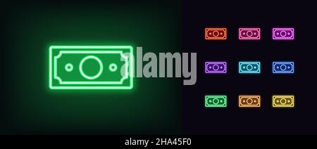 Umreißen Sie das Symbol für Neon-Banknoten. Leuchtendes Neon-Kassenschild, fiat-Geldpiktogramm in lebendigen Farben. Banknotensilhouette, Investitionen, abstraktes digitales Geld und Stock Vektor