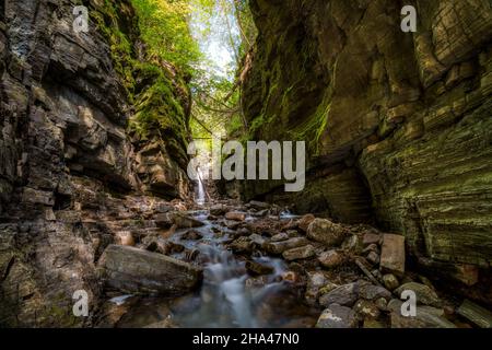 Schöner Wasserfall und Bach, tief im Canyon, in der Domaine du ruisseau creux, Bonaventure, Quebec, Kanada Stockfoto