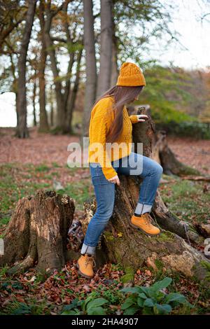 Europäische weiße junge Frau in gelbem Pullover an Herbstbaumwurzeln Stockfoto